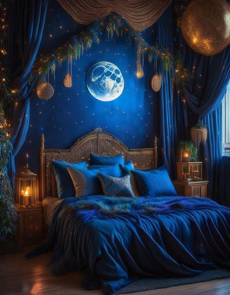 Create a super soothing and peaceful blue witchy-themed bedroom with calming blues and mystical decor for a dreamy escape. Minimalist Whimsical Bedroom, Avatar Themed Room, Magical Bedroom Ideas For Adults, Calming Blue Bedroom, Underwater Theme Bedroom, Purple And Blue Bedroom, Royal Blue Room, Witchy Rooms, Witchy Bedroom Ideas