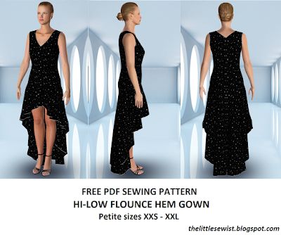 Free PDF sewing pattern: Hi-low flounce hem gown (petite size XXS-XXL) Hi Lo Skirt Pattern, High Low Dress Pattern Sewing, High Low Skirt Pattern Free, Tianas Closet, High Low Dress Pattern, Flowy High-low Hem Dress With Ruffles, Sew Wardrobe, Empress Matilda, 3d Simulation