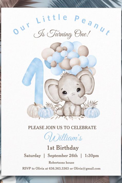 First Birthday Cute Elephant Fall Boy Invitation Elephant 1st Birthday, Baby Boy Birthday Themes, Cars Birthday Party Decorations, Pumpkin 1st Birthdays, 2nd Birthday Boys, Boy Birthday Decorations, Boy Birthday Party Themes, Birthday Cute, Party Themes For Boys