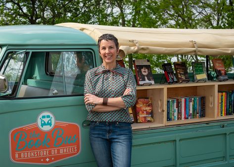 A Cincy Woman With a Dream Now Sells Books Out of Her Vintage VW Truck | Cincinnati Refined Mobile Bookshop, Mobile Bookstore, Book Van, Book Truck, Vw Truck, Cherry Farm, Book Shops, Mobile Library, Carrying Boxes