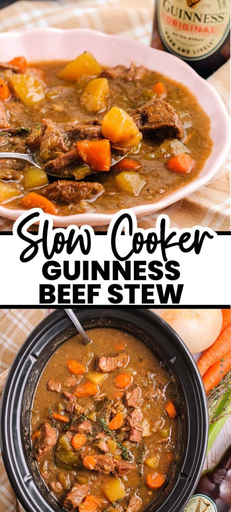 Crockpot Irish Guinness Beef Stew - A classic Irish beef stew with a Guinness base, packed with potatoes, carrots, and tender slow-cooked beef. Full of fresh herbs, this stew evokes a feeling of true comfort on cold winter nights. | www.persnicketyplates.com Irish Stew Crockpot, Slow Cooker Guinness Beef Stew, Irish Beef Stew Crockpot, Irish Guinness Beef Stew, Guiness Stew, Guinness Beef Stew Slow Cooker, Beef And Guinness Stew, Irish Stew Recipe, Beef Stew Ingredients