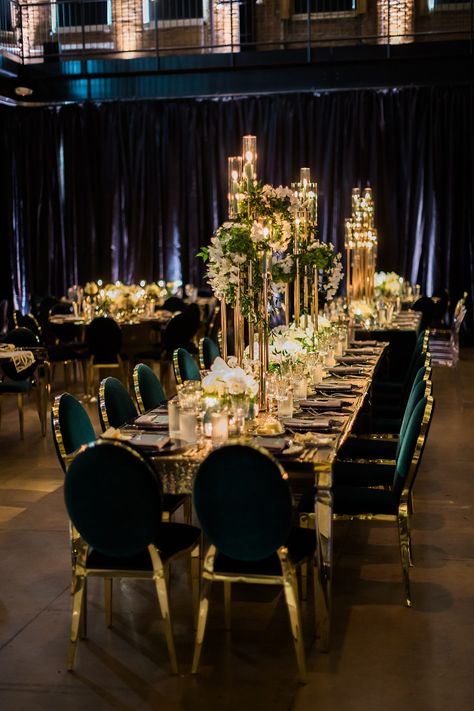 Incredible Pittsburgh Opera Wedding with Art Deco Vibes. For more luxury wedding ideas, visit burghbrides.com! #weddingtablescape #weddingtabledecor #weddinginspiration Wedding Themes Luxury, Green Black And Gold Decorations, Green And Black Reception, Black Gold And Green Wedding Decor, Emerald Green And Gold Reception Decor, Dark Green Reception Decor, Emerald Green Black Gold Wedding, Emerald Green Black And Gold Wedding Theme, Wedding Decor Emerald Green And Gold