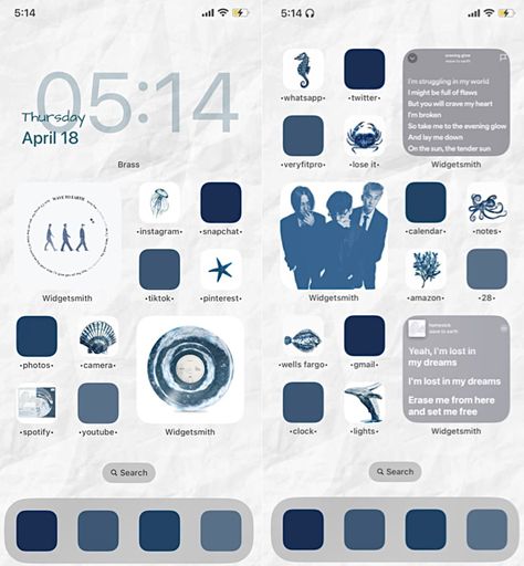 ios layout | wave to earth aesthetic | homescreen inspo Apple Homescreen Aesthetic, Wave To Earth Ios Layout, Wave To Earth Homescreen, Blue Ios Layout, Wave To Earth Aesthetic, Organizing Aesthetic, Earth Aesthetic, Paper Walls, Iphone Light