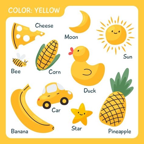 Things That Are Yellow Preschool, Yellow Objects For Kids, Yellow Colour Objects, Color Yellow Activities For Preschool, Yellow Objects, Red Objects, Color Flashcards, Mazes For Kids, Things For Kids