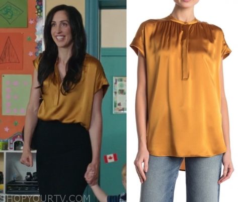 Workin' Moms: Season 3 Episode 2 Kate's Yellow Silk Blouse | Shop Your TV Working Moms Tv Show, Catherine Reitman, Mom Tv Show, Work Vibes, Teacher Fits, Formal Office, Yellow Silk, Work Looks, Working Moms