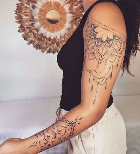 #CoolTattoos #TattooArt #InkMaster #TattooDesigns #InkedUp #TattooLovers #InkInspiration #TattooIdeas #CreativeInk #TattooStyle Mandala Tattoo Sleeve Women, Lace Shoulder Tattoo, Sleeves Tattoos, Mandala Arm Tattoos, Lace Sleeve Tattoos, Mandala Tattoos For Women, Cuff Tattoo, Tattoos To Cover Scars, Hand And Finger Tattoos