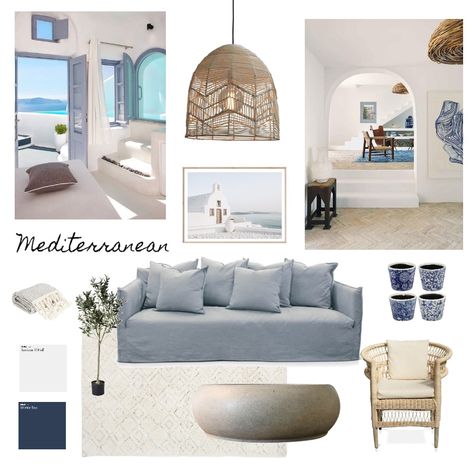 Mediterranean Living Rooms Greek Islands, Mediterranean Interior Design Style Mood Board, Mediterranean Coastal Interior, Mediterranean Indoor Decor, Mediterranean Interior Mood Board, Mediterranean Interior Color Palette, Modern Mediterranean Mood Board, Mood Board Mediterranean, Mediterranean Moodboard Interior Design