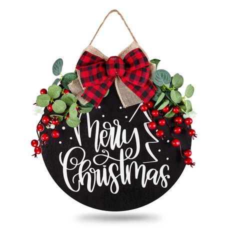 PRICES MAY VARY. Unique Design - Our Christmas wooden sign takes black round wood as the base, printed with the words of Merry Christmas, while its top is embellished with a red and black buffalo plaid bow, eucalyptus leaves and red berries, with a hemp rope for hanging, very delicate and festive. Proper Size - The wooden sign is measuring about 30 x 30cm/12 x 12 inch, proper size for your front door, window, wall, etc., bringing strong holiday atmosphere for your home and party. Durable Materia Black Christmas Decorations, Craft Christmas Presents, Black Front Door, Christmas Wooden Signs, Wooden Wreaths, Round Wood Sign, Sign Door, Christmas Signs Wood, Christmas Door Hanger