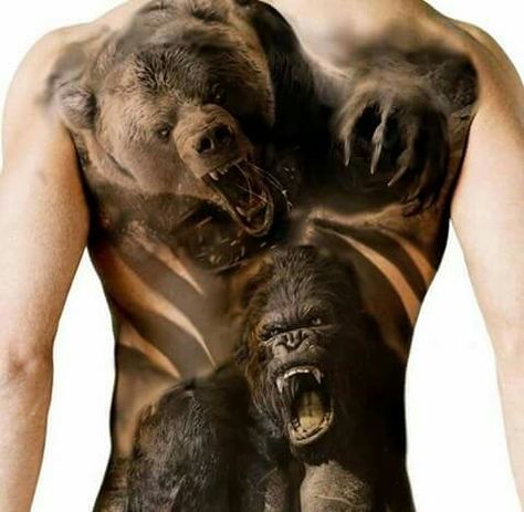 Amazing bear and gorilla full back tattoo! Grizzly Bear Tattoos, Tattoo Homme, Tattoo Son, Bear Tattoo Designs, Animal Sleeve Tattoo, Realism Tattoos, Gorilla Tattoo, Bear Tattoos, Full Back Tattoos