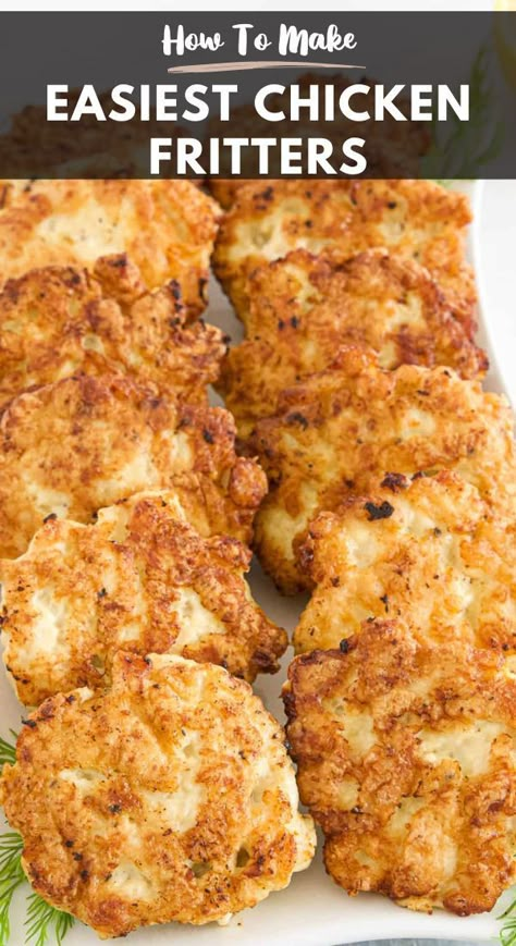 These Chicken Fritters are quick and easy to make and are crispy on the outside, and soft, juicy, and tender on the inside with a hint of garlic! Chicken Fritters Recipe, Chicken Patty Recipes, Chicken Fritters, Fritters Recipe, Classic Appetizers, Chicken Patties, Diet Breakfast Recipes, Fritter Recipes, Best Chicken Recipes