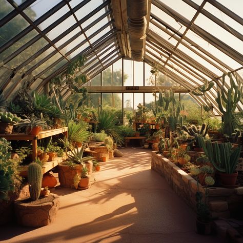 Exotic Tucson greenhouse with rare desert cactus. AI generated. Desert Greenhouse, Cactus Greenhouse, Desert Aesthetic, Plant Goals, Desert Cactus, Glass House, Tucson, Nevada, Enchanted