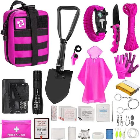 Pink Survival Kit for Women, Camping and Hiking Essentials with First aid kit, Survival Emergency Gear and Equipment with Molle Pouch, Women's Self Defense Bug Out Bag : Amazon.ca: Sports & Outdoors Military Survival Kit, Camping First Aid Kit, Car Emergency Kit, Emergency Equipment, Molle Pouches, Best Travel Accessories, Hiking Essentials, Survival Kits, Bug Out Bag