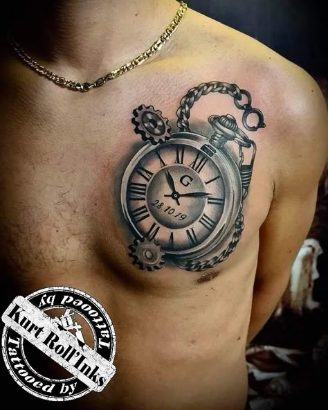 Watch Tattoo Men, Pocket Watch Tattoo For Men, Clock Tattoo Design For Men, Stopwatch Tattoo, Rocky Tattoo, Negative Tattoo, Pocket Watch Tattoo Design, Adidas Slippers, Thigh Tattoo Men