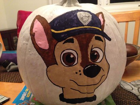 Chase painted Paw Patrol pumpkin Chase Pumpkin Paw Patrol, Paw Patrol Pumpkin Painting, Pumping Painting, Painted Punkins, Paw Patrol Pumpkin, Story Book Pumpkin, Halloween Pumpkin Crafts, Paw Painting, No Carve Pumpkin Decorating