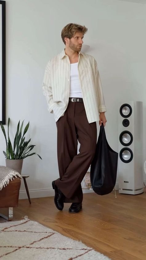 Men Quiet Luxury Outfit, Quiet Luxury Men Outfit, Quiet Luxury Outfit Men, Quiet Luxury Men, Brown Jeans Outfit, Tailored Pants Outfit, Brown Pants Men, Baggy Pants Outfit, Brown Pants Outfit