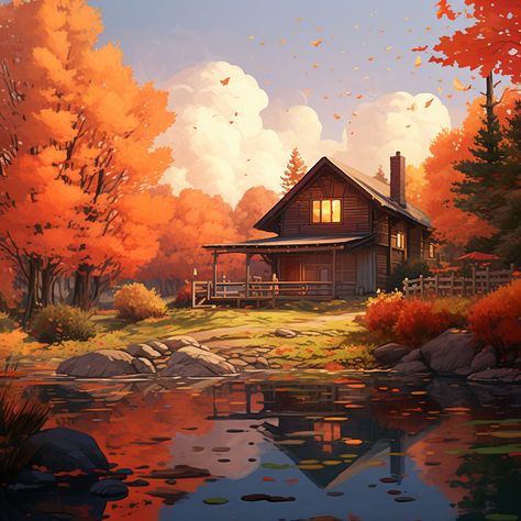 Cabin in the Woods, Autumn, Lake Fantasy Cabin In The Woods, Fantasy Cabin, Woods Autumn, Lofi Aesthetic, Dog Tumblr, Easy Landscape, Easy Landscape Paintings, Fire Drawing, Cabin Aesthetic