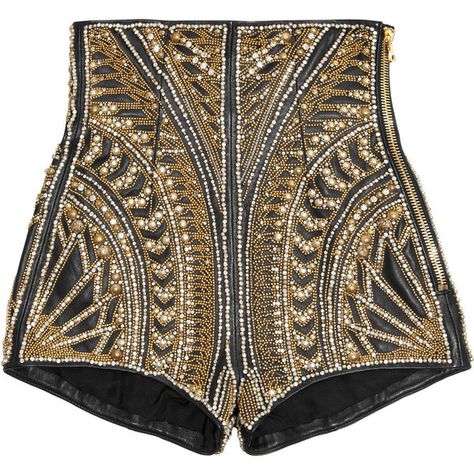 Balmain Embellished leather shorts (99.265 RUB) found on Polyvore featuring women's fashion, shorts, balmain, bottoms, gold, high waisted shorts, high-waisted shorts, high rise shorts, embellished shorts and balmain shorts High Waisted Leather Shorts, Highwaist Shorts, Black Leather Shorts, Embellished Shorts, Black High Waisted Shorts, Shorts High Waisted, Kpop Fashion Outfits, Mini Shorts, High Rise Shorts