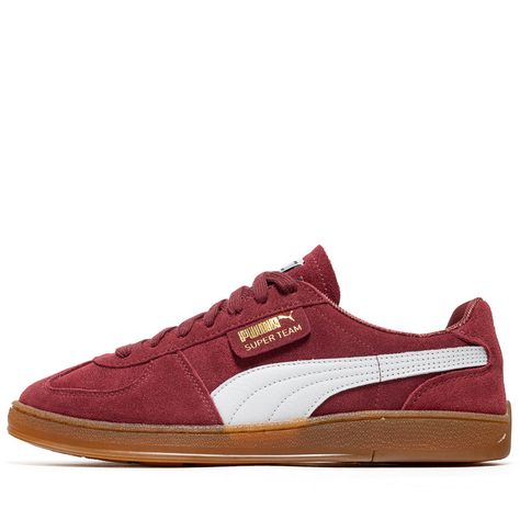 Suede upper Leather accents and lining PUMA branding on quarter Rubber gum midsole/outsole Extra laces included Color: Team Regal Red Style: 397514 03 Cazal Sunglasses, Downtown Outfits, Jordan 12 Retro, Shoe Inspo, Puma Sneakers, Red Sneakers, Red Style, Leather Accents, Latest Sneakers