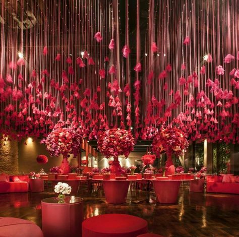 Romantic setup Red Ceiling, Wedding Stage Decor, Wedding Couple Photos, Feather Wedding, Wedding Hall, Hanging Flowers, Wedding Stage, Indian Wedding Decorations, Pink Decor