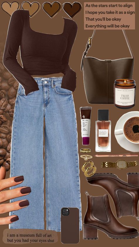 #coffee #coffeeaesthetic #cafe #brown #autumn #fall #winter #brownaesthetic #autumnaesthetic #fallaesthetic #winteraesthetic #outfitinspo #outfit #inspo Brown Top Fall Outfit, Cafe Outfit Ideas, Brown Aesthetic Outfit, Tops Fall Outfits, Brown Autumn, Brown Outfit, Brown Top, Brown Aesthetic, Winter Aesthetic