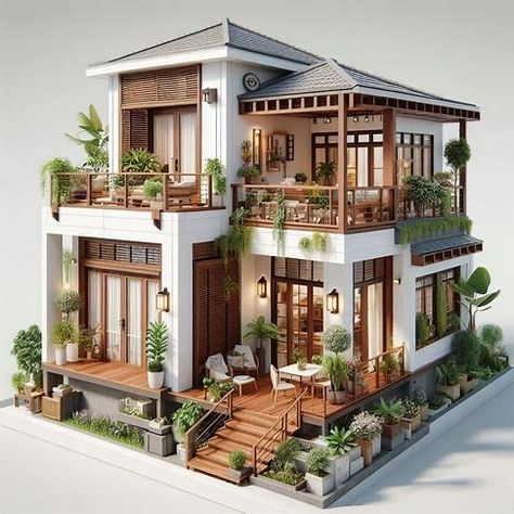 Charming, multi-story house design model with a modern architectural style. The house features a white exterior with brown wooden accents, including doors, window frames, and railings. The layout includes a spacious wooden deck on the ground floor, surrounded by potted plants. The second floor has a balcony with additional greenery and a small seating area. The house is surrounded by various plants, adding to its cozy and inviting atmosphere. - Image Creator von Microsoft Designer Greenery House Exterior, 3 Story Small House Design, House Exterior Cozy, Cozy House Layout, White And Brown House Exterior, 1 Story House Exterior, Small Home Layout Floor Plans, Sims Small House, Ground Floor Balcony