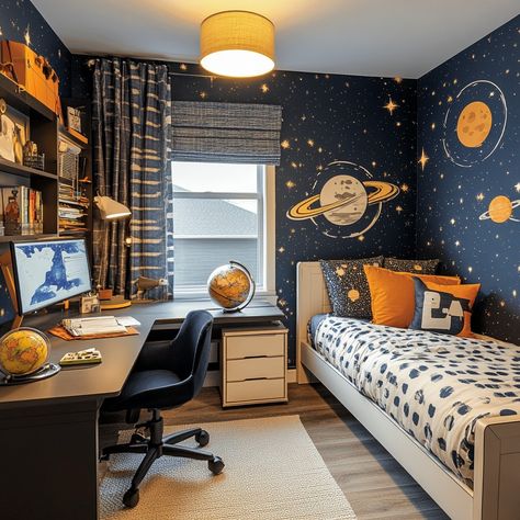 Space Themed Bedroom Space Theme Boys Room, Boys Room Space Theme, Space Bedroom Boys, Boys Space Bedroom, Space Themed Bedroom, Space Themed Room, Space Bedroom, Small Bedroom Designs, Themed Bedroom