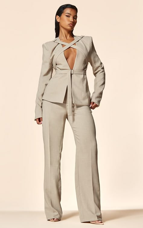 PLT Label Oatmeal Tailored Straight Leg Trousers Styling Straight Leg Pants, Lady Lawyer Aesthetic, Tailored Suit Women, Lawyer Fits, Graduation Outfits For Women, Women Pants Suits, Tailored Aesthetic, Bold Glamour, January Fashion