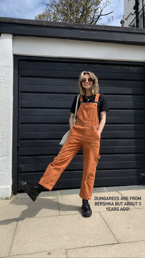 Orange Dungarees Outfit, Rust Overalls Outfit, Overalls Boots Outfit, Mustard Overalls Outfit, Burnt Orange Overalls Outfit, Overalls Outfit Carhartt, Yellow Dungarees Outfit, Orange Overalls Outfit, 70s Overalls Outfit