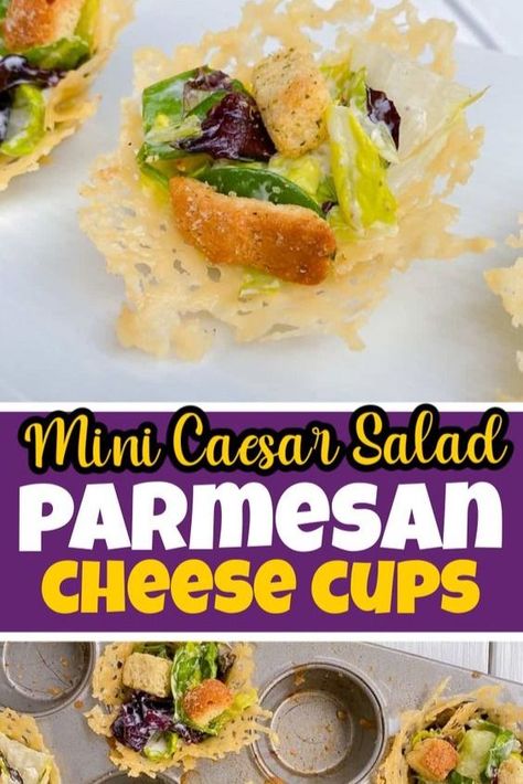 These Mini Caesar Salad Parmesan Cheese Cups are a fun and easy appetizer to serve your guests! Salads are hard to make bite sized but these individual baskets, made with Parmesan cheese, are a fun way to eat one with your fingers! Mini Caesar Salad, Caesar Salad Cups, Salad Parmesan, Mini Tartlets, Salad Cups, Parmesan Cups, Packaged Salad, Cheese Cups, Parmesan Salad