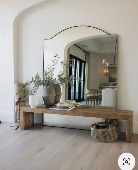 Entry Way Floor Length Mirror, Hallway Large Mirror, Floor Length Mirror Entryway, Decorating With Mirrors In Dining, Living Room Standing Mirror Decor Ideas, Leaning Mirror Entryway, Large Floor Mirror Decor, Floor Mirror Entryway Ideas, Giant Mirror Living Room