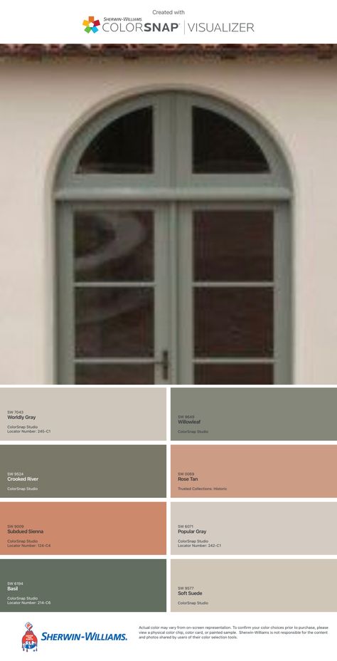 Olive Green Windows Exterior, Light Green Stucco House Exterior, Cream House Green Door, Pale Green House Exterior, Tan House Green Door, Gate Color Combination, Exterior House Colors Cream, Green Shutters Tan House, Modern Front Door Colors