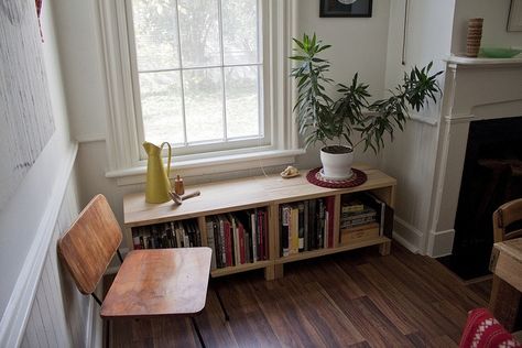 Low bookshelf under window Bookshelf Under Window, Under Window Bookshelf, Window Bookshelf, Low Bookshelf, Low Bookshelves, Gardening Decor, Low Bookcase, Living Room Loft, Bookshelves Diy