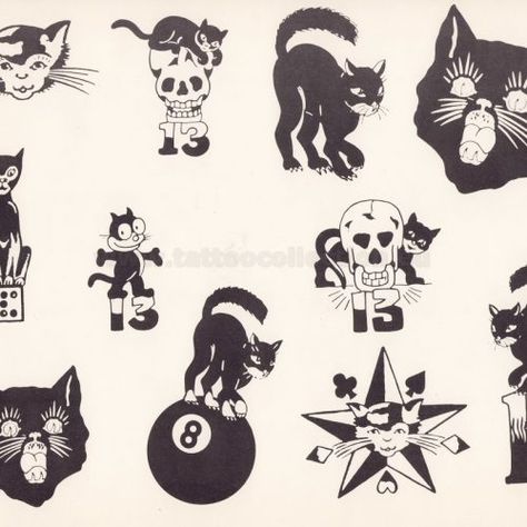 Trad Tattoos Flash, Old Tattoo Flash, American Trad Flash Sheet, Traditional Cat Tattoo Flash, Vintage Flash Sheet, Sailor Mosko, Vintage American Traditional Tattoo Flash, Traditional Halloween Tattoo Flash, Cool Tattoo Flash