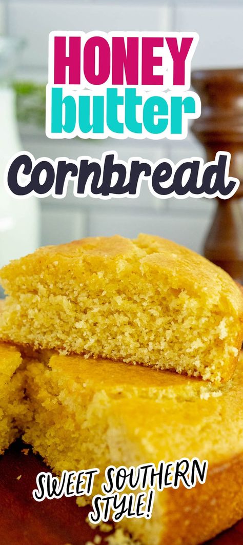 Honey Butter Cornbread - breads #breads #sidedishes Cornbread Recipe With Honey, Honey Butter Jiffy Cornbread, Honey Butter Glaze For Cornbread, Sweet Honey Cornbread Recipe, Honey Butter Cornbread Recipe, Honey Butter Cornbread Jiffy, Honey Cornbread Recipe Jiffy, Cornmeal Mix Cornbread, Diy Honey Butter