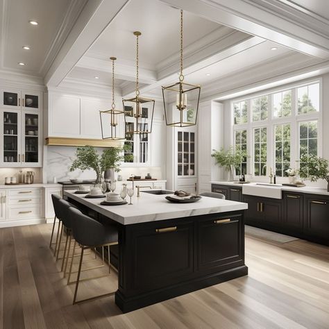 Thoughtful use of colors, textures, and materials elevates this kitchen to a regal and hospitable level Brushed Brass Kitchen, Modern Classic Kitchen, Room Amazon, Foyer Dining Room, Grand Kitchen, Classic Kitchen Design, Lake House Kitchen, Green Kitchen Cabinets, Kitchen Pendant