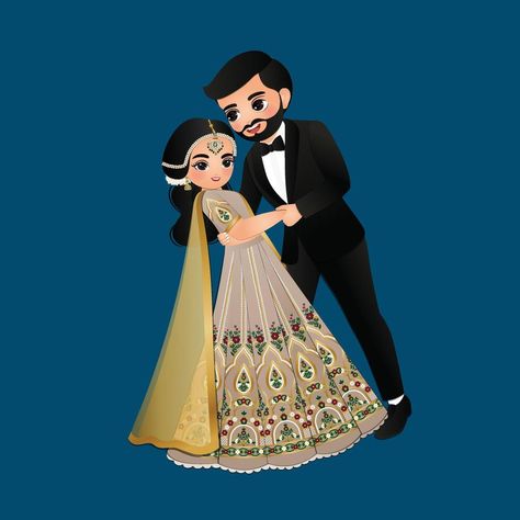 Wedding invitation card the bride and groom cute couple in traditional indian dress cartoon character Wedding Couple Cartoon Cute, Groom Cartoon, Couple Story, Boyfriends Birthday Ideas, Bride And Groom Cartoon, Wedding Couple Cartoon, Dress Cartoon, Wedding Caricature, Muslim Wedding Invitations