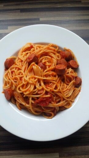 Sheldon's spaghetti and little hot dogs. Spaghetti And Hot Dogs Recipe, Spaghetti And Hotdogs, Spaghetti With Hot Dogs, Spaghetti Hotdogs, Spaghetti Hot Dogs, Foods Aesthetics, Hot Dog Pasta, Hot Dog Spaghetti, Tender Meatballs