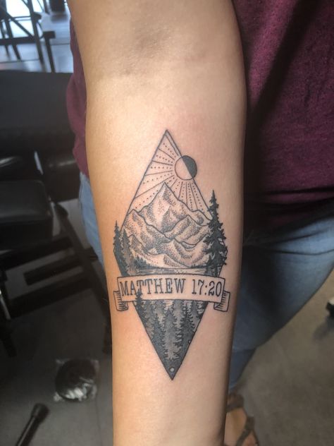 God Mountain Tattoo, Biblical Mountain Tattoo, He Moves Mountains Tattoo, God Of The Mountain And Valley Tattoo, Cross Mountain Tattoo, Christian Mountain Tattoo, Matthew 17 20 Tattoo, Mountain Tattoo Men, Mathew 17:20 Tattoo