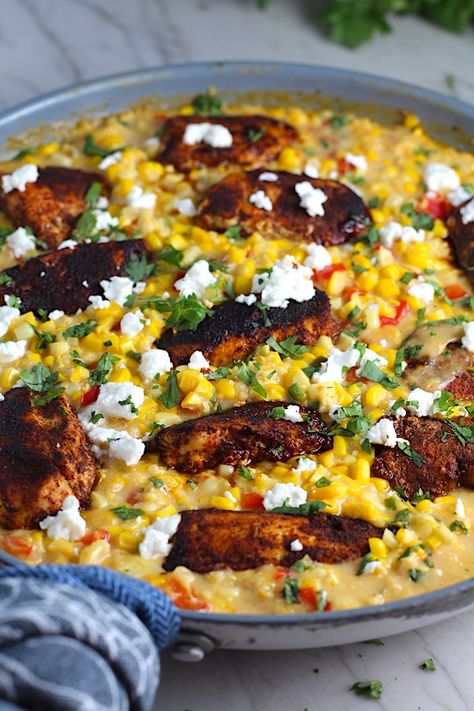 One Pan Creamy Corn and Blackened Chicken - Talking Meals Chicken Skillet Dinner, Caramelized Onions And Mushrooms, Summer Chicken Recipes, One Pot Cooking, Summer Chicken, Meat Casserole, Chicken Skillet, Healthy Freezer Meals, Blackened Chicken