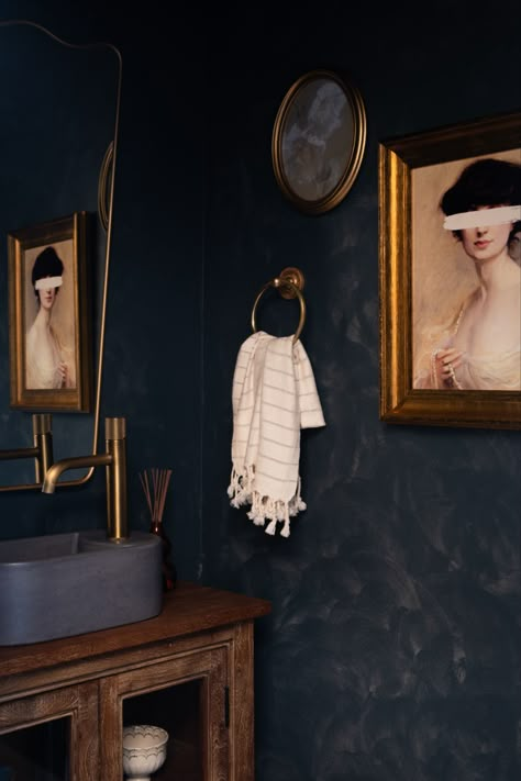 Check out my Dark & Moody Powder room makeover with a vintage upgraded vanity, and my dream concrete sink! Dark Moody Powder Room, Dark Powder Room Ideas, Moody Blue Bathroom, Dark Powder Room, Bathrooms Dark, Blue Powder Room, Moody Powder Room, Guest Ensuite, Black Powder Room