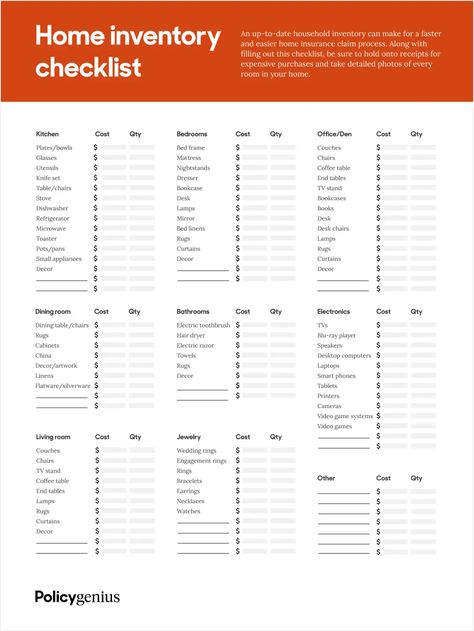 How to Create a Home Inventory for Insurance - Policygenius Bookcase Tv Stand, Kitchen Cost, Home Inventory, Home Management Binder, Pots And Pans Sets, Checklist Template, Home Management, Homeowners Insurance, Financial Advice