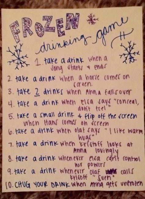 Frozen Drinking Game Disney Drinking Game, College Party Games, Beer Drinking Games, Movie Drinking Games, Holiday Drinks Alcohol Christmas, Drunk Games, Alcohol Games, White Drinks, Christmas Drinks Alcohol Recipes