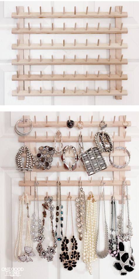 From Thread Rack To Jewelry Organizer! A super simple idea for less than $10. | One Good Thing By Jillee Lots Of Jewelry, Thread Rack, Jewerly Organizer, Jewelry Storage Diy, Jewellery Storage Display, Jewelry Organizer Diy, Storage Diy, Cool Ideas, Jewellery Storage