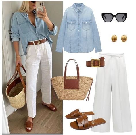 Camisa Jeans Outfit Mujer, Spring Weekend Outfit, Posh Clothing, Classic Summer Outfits, Ecru Jeans, White Pants Outfit, White Jeans Outfit, Classic Style Outfits, White Distressed Jeans