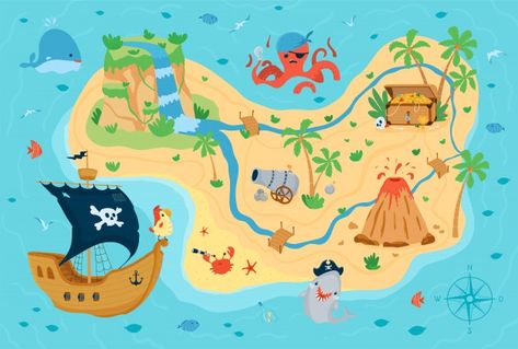 Mapa de pirata con camino hacia el tesoro | Vector Gratis Treasure Maps For Kids, Tree Map, Pirate Treasure Maps, Box Cartoon, Zestaw Ikon, Pirate Kids, Maps For Kids, Tropical Animals, Treasure Map