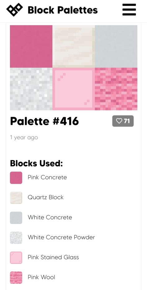 Minecraft Color Combinations, Pink Minecraft House Vanilla, Pink Block Palette Minecraft, Cute Pink Minecraft House Vanilla, Minecraft Pink Pallet, Minecraft Empire Ideas, Cherry Wood Color Palette Minecraft, Pink Blocks Minecraft, Pink Minecraft Pallet