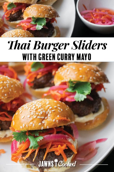 With seasoned beef patties, pickled veggies and green curry mayo spread, these Thai Burger Sliders with Green Curry Mayo are an easy way to spice up your burger sliders, with an Asian-inspired twist! #greencurrymayo #ontheblog #thaiburgersliders Asian Burger Recipe, Curry Mayo, Thai Burger, Crockpot Party Food, Burger Recipes Beef, Best Burger Recipe, Onion Burger, Beef Sliders, Beef Patties