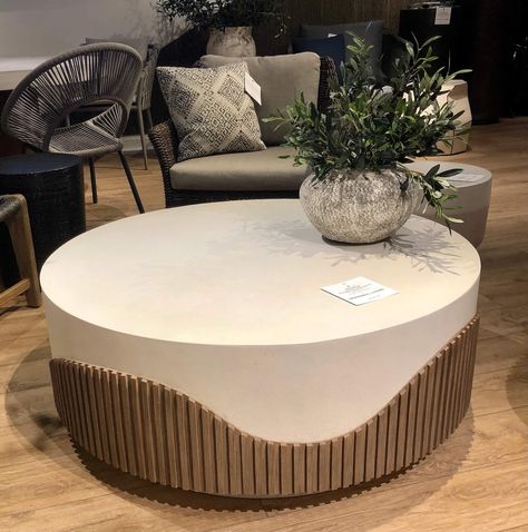 JRL Interiors — Decor Trends for 2022 spotted at High Point Market: Part 2. Texture and nature inspiration was an important theme here. This indoor/outdoor cocktail table from Seasonal Living juxtaposes a smooth surface with an undulating texture on the sides inspired by the sands of the coastline Display Table Design, Outdoor Cocktail Table, Center Table Design, Coffee Table Design Ideas, Living Room Center Table, Modern Table Design, Centre Table Design, Centre Table Living Room, Center Table Decor