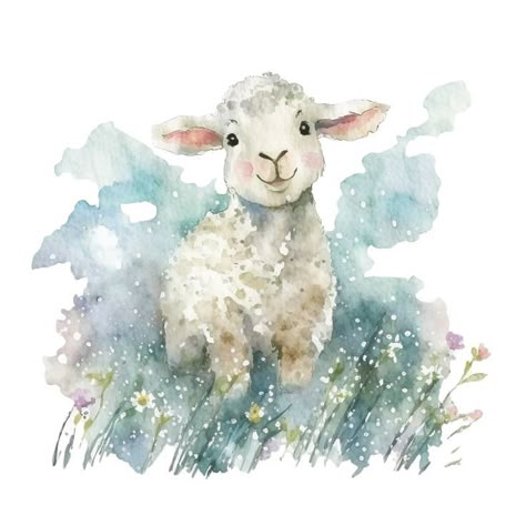 Sheep Art Painting, Cute Lamb Drawing, Watercolor Lambs, Easter Watercolor Cards, Watercolour Sheep, Watercolor Sheep, Lamb Drawing, Easter Sheep, Cartoon Lamb