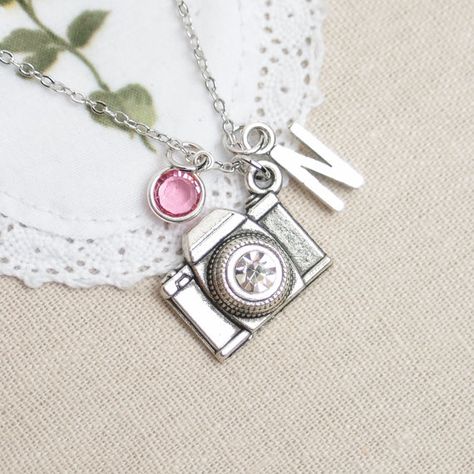 initial necklace, camera necklace, birthstone necklace, camera charm with crystal lens, photographer, photography necklace, monogrammed gift on Etsy, $25.16 CAD Camera Charm, Camera Necklace, Jewellery Photography, Necklace Birthstone, Jewelry Photography, Monogram Gifts, Photographer Photography, Birthstone Necklace, Initial Necklace